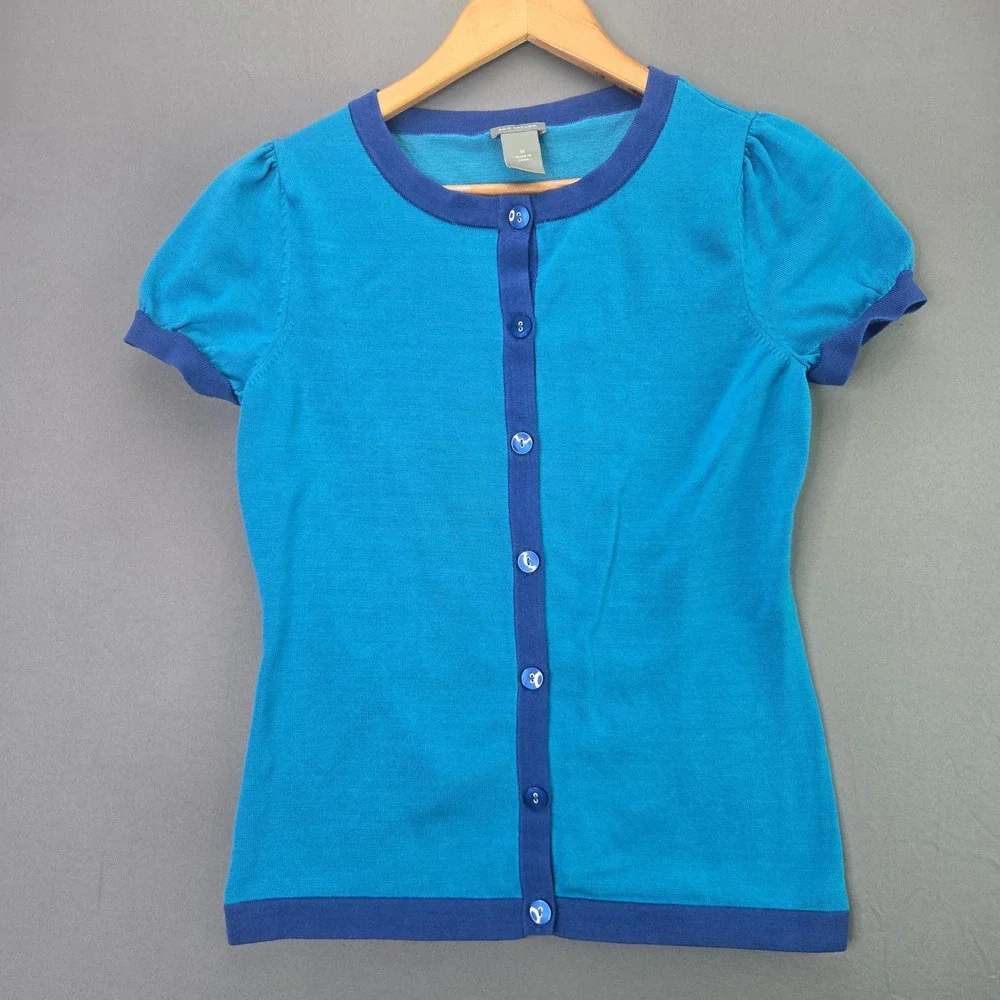 Ann Taylor Cardigan Sweater Top M Blue Short Sleeve Button Up Cotton Knit Puff
